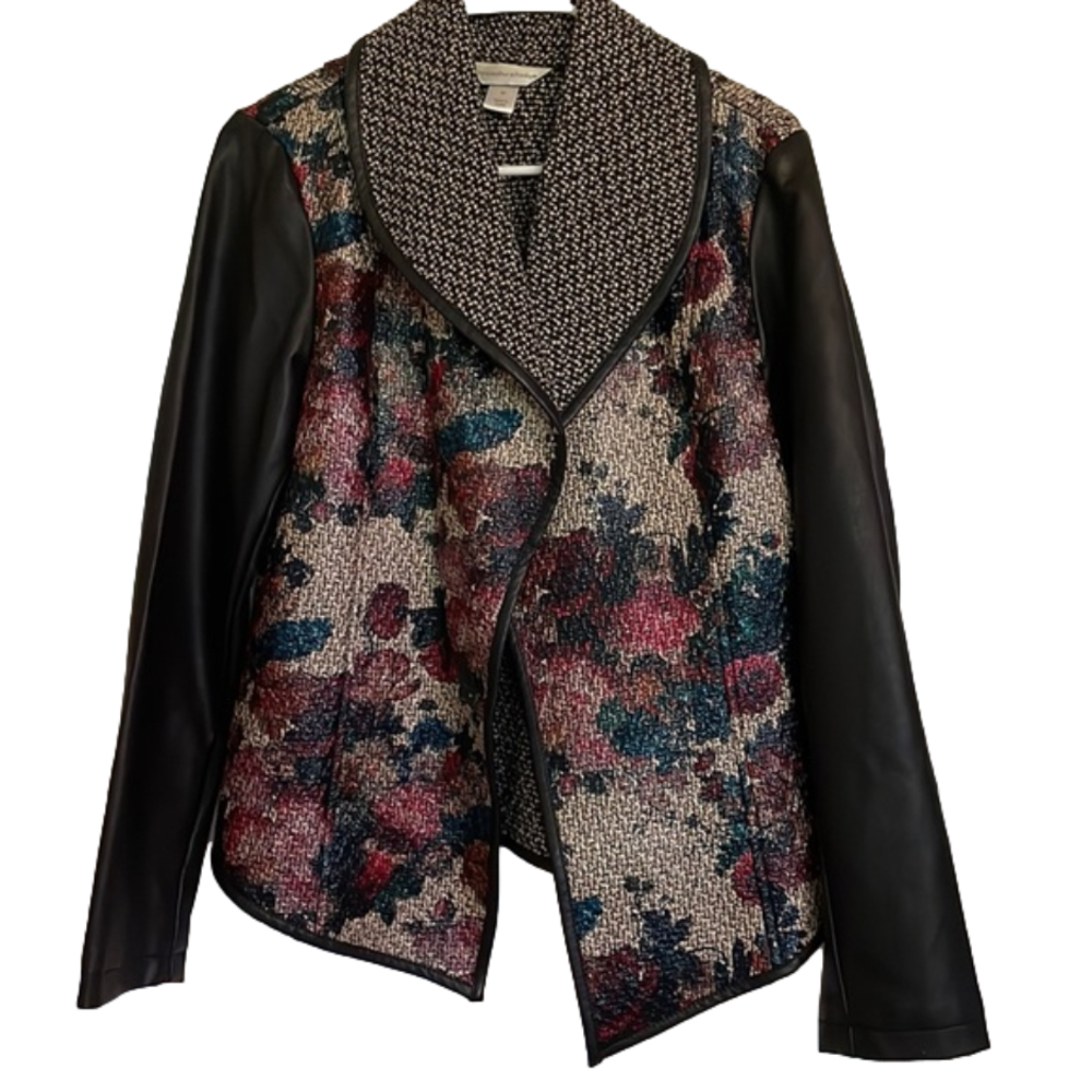 CHRISTOPHER & BANKS Faux Leather Tweed Floral Open Jacket Blazer, Women’s M